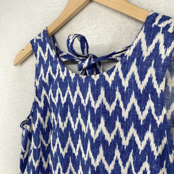 J.CREW Dress XS Linen Cotton Ikat Chevron Bowback Sleeveless Ruffle Hem Blue - Picture 5 of 12